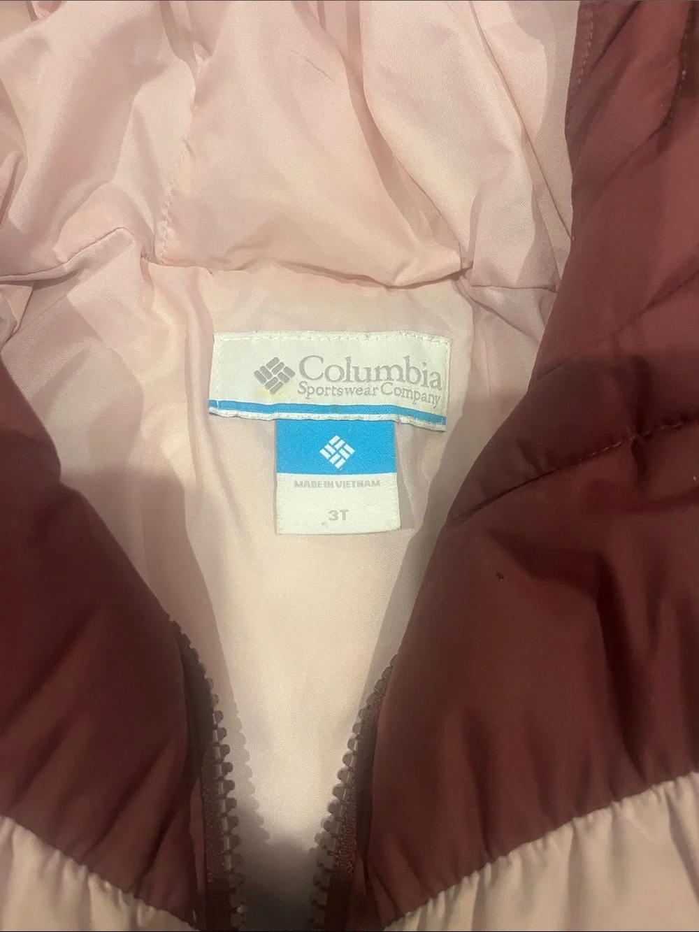 Columbia Kids Hooded Chevron Puffer Jacket - Burgundy and Light Pink